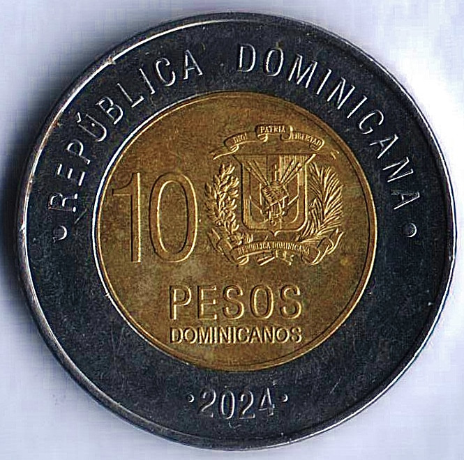 Монета 10 песо. 2024 год, Доминиканская Республика. Магнитная.