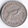 Монета 6 пенсов. 1959 год, Новая Зеландия.