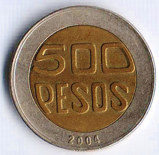 Монета 500 песо. 2004 год, Колумбия.
