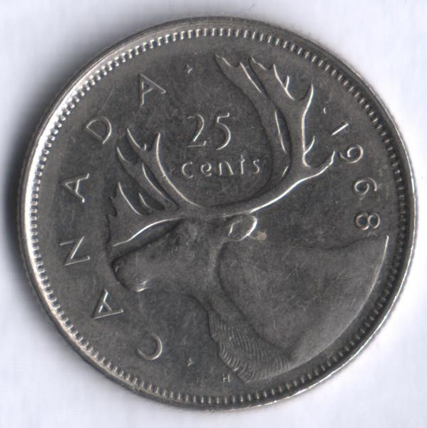 Монета 25 центов. 1968 год, Канада.