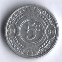 Монета 5 центов. 1991 год, Нидерландские Антильские острова.
