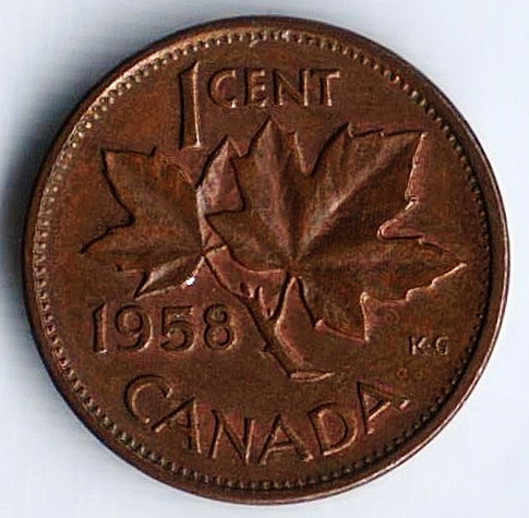 Монета 1 цент. 1958 год, Канада.
