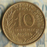 Монета 10 сантимов. 1968 год, Франция. Монета 10 сантимов. 1968 год, Франция.
