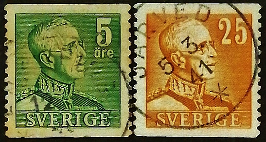 Набор почтовых марок (2 шт.). "Король Густав V". 1940-1941 годы, Швеция.