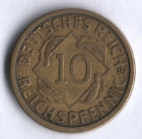 Монета 10 рейхспфеннигов. 1924 год (J), Веймарская республика.