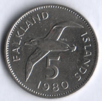 5 пенсов. 1980 год, Фолклендские острова.