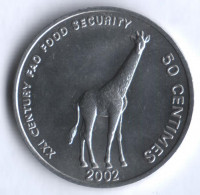 Монета 50 сантимов. 2002 год, Конго. Жираф.