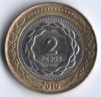 Монета 2 песо. 2010 год, Аргентина. 200 лет Революции.