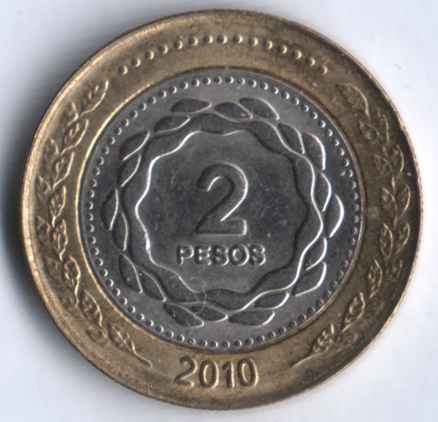 Монета 2 песо. 2010 год, Аргентина. 200 лет Революции.