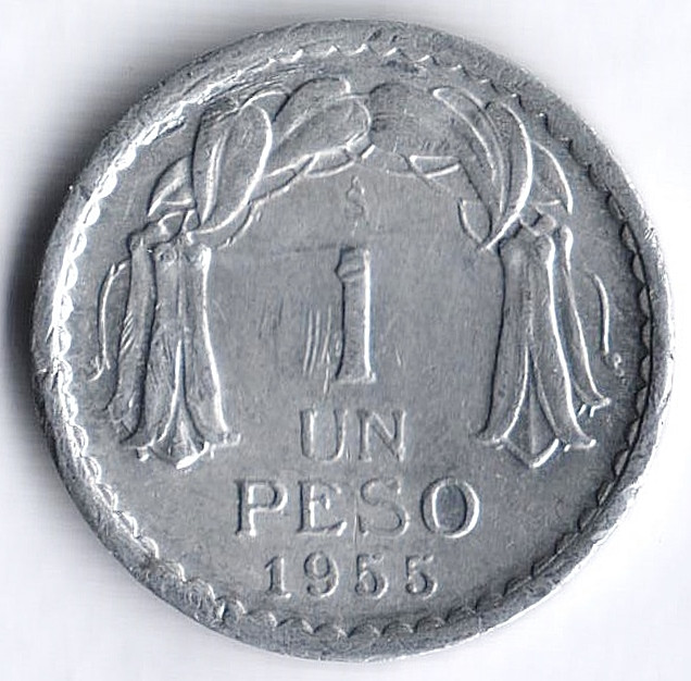 Монета 1 песо. 1955 год, Чили.