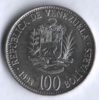 Монета 100 боливаров. 1998 год, Венесуэла.