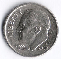 Монета 10 центов. 2000(D) год, США.
