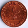 Монета 1 пфенниг. 1969(F) год, ФРГ.