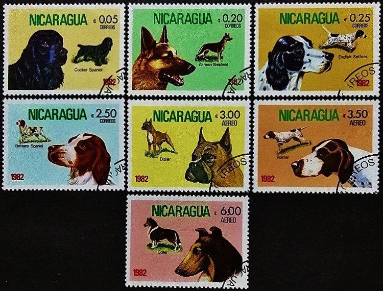 Набор почтовых марок (7 шт.). "Породистые собаки". 1982 год, Никарагуа.