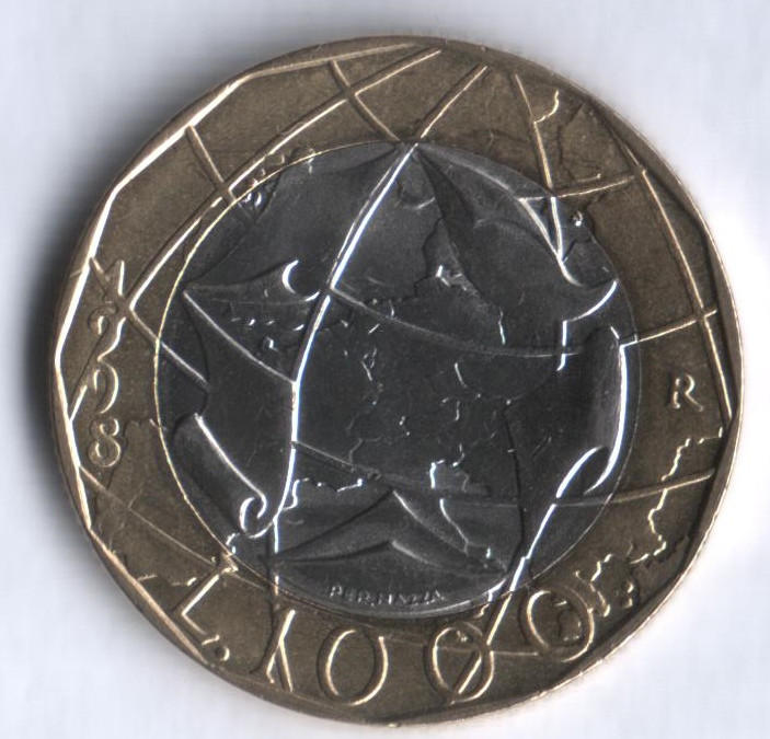 Монета 1000 лир. 1998 год, Италия.